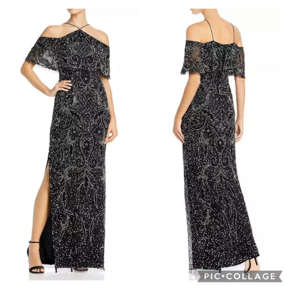Aidan Mattox cold off shoulder long beaded gown